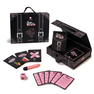 Kit de viagem Sex on the Beach com caixa preta, embalagens pequenas, dado, cartoes e vibrador cor-de-rosa