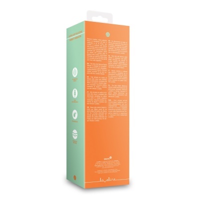 Embalagem de produto laranja e verde com texto e ícones explicativos.