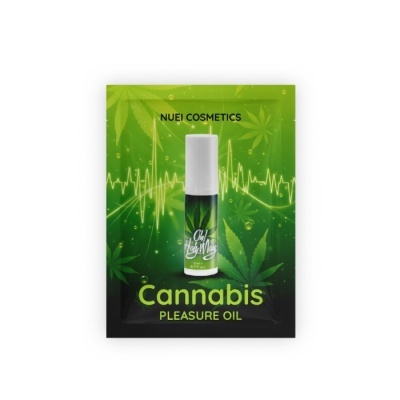 Embalagem verde e preta de óleo de prazer com cannabis da NUEI COSMETICS