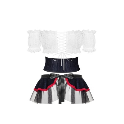 Conjunto feminino branco e preto com top de renda e saia com tule e laço preto