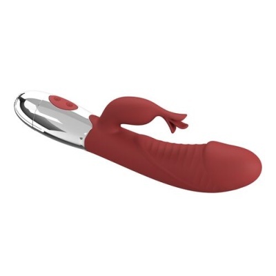 Vibrador vermelho com acabamento prateado e botões vermelhos