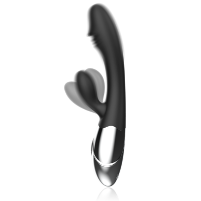Vibrador anatómico preto com estimulador adicional e acabamento prateado