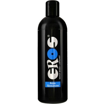 Garrafa preta de plástico com rótulo azul e branco EROS Aqua Sensations
