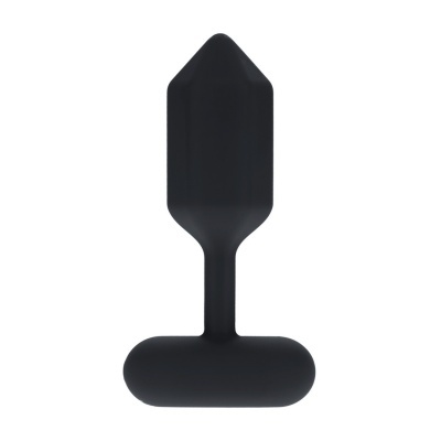 Plug anal preto em silicone com base larga em forma de barra horizontal.