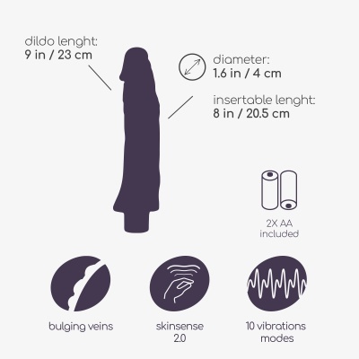 Ilustração de dildo com especificações técnicas e ícones explicativos.