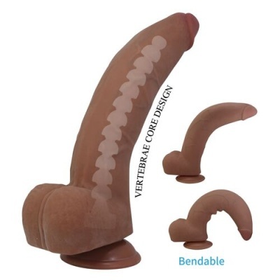 Produto em forma de pénis cor de pele com ventosa na base e texto VERTBRAE CORE DESIGN, flexível com palavra Bendable.