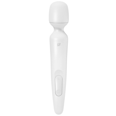 Vibrador massageador elétrico branco com botão e símbolo sf