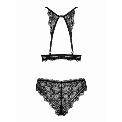 Conjunto de lingerie preta rendada com padrão floral