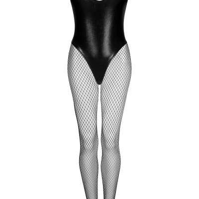 Body preto brilhante com recorte e collants de rede