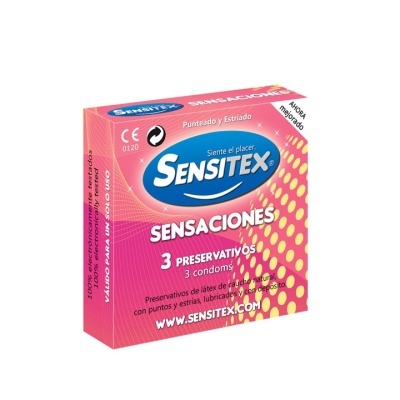 Caixa rosa de preservativos Sensitex Sensaciones com texto e detalhes amarelos e azuis