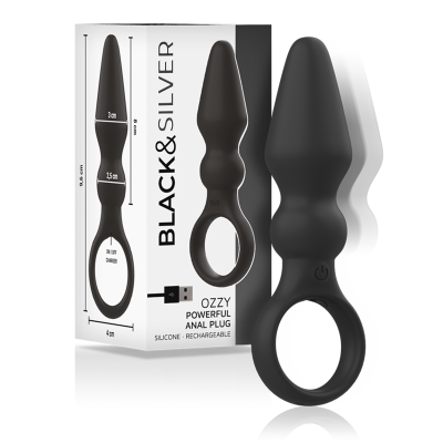 Plug anal preto de silicone recarregável com base em anel e embalagem.