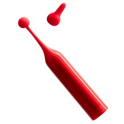 Frasco vermelho alongado de plástico com tampa e gotas vermelhas