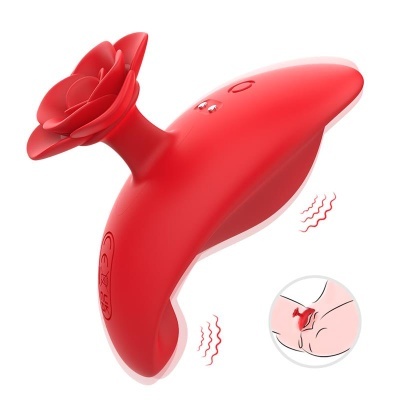 Dispositivo vermelho em silicone com extremidade em forma de flor e ilustração de uso