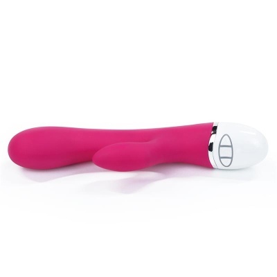 Vibrador rosa com base branca e dois botões