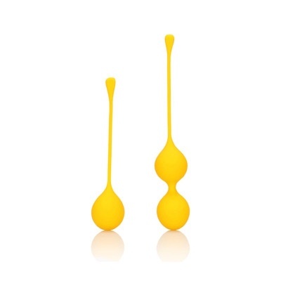 Duas esferas amarelas de silicone com cabo longo e fino