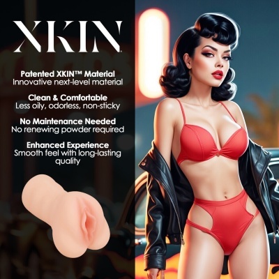 Boneca realista em lingerie vermelha com molde anatómico e texto promocional XKIN.
