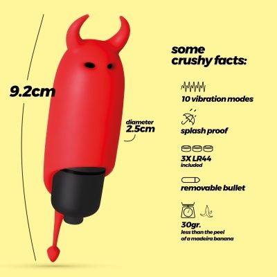 vibrador vermelho com chifres e cauda e texto de especificações em fundo amarelo