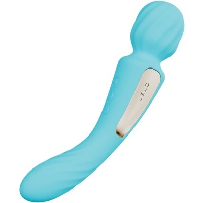 Vibrador azul curvado com textura e painel de controlo