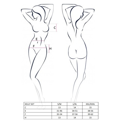 Desenho de mulher com indicações de medidas e tabela de tamanhos KELLY SET