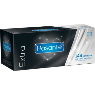 Embalagem Pasante Extra com texto e informação de 144 preservativos na caixa