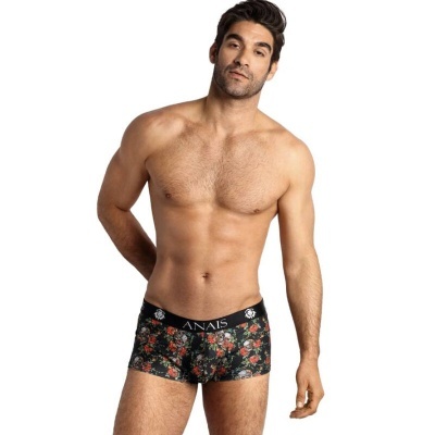 Cuecas boxer masculinas pretas com padrão de crânios e rosas vermelhas e cós elástico com ANAIS