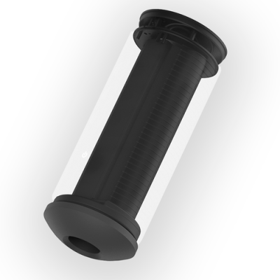 Dispositivo cilíndrico preto com detalhes brancos sobre fundo branco