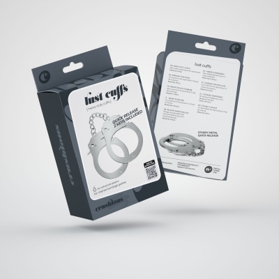 Embalagem de algemas metálicas Lust Cuffs com texto e código QR