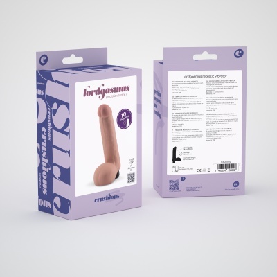 Embalagem lilás de vibrador realista lordgasmus com texto e instruções