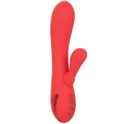Vibrador vermelho com estimulador lateral e três botões circulares