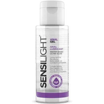 Frasco de lubrificante anal à base de água Sensilight em frasco transparente com tampa branca
