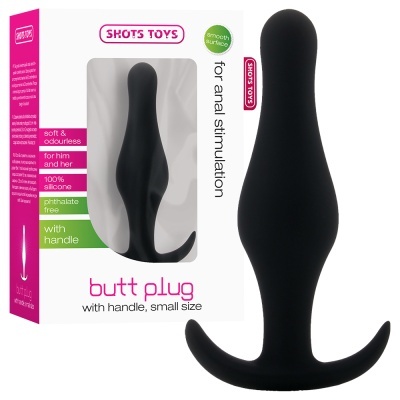 Plug anal preto pequeno com pega em silicone, embalado numa caixa branca com texto rosa e verde