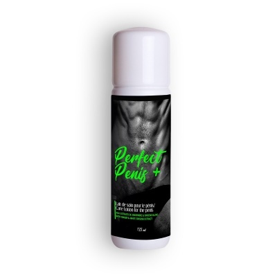 Frasco branco com rótulo preto com o texto Perfect Penis e imagem de torso masculino
