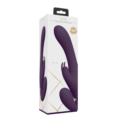 Caixa branca com vibrador roxo em silicone mostrado com texto descritivo e selo dourado.