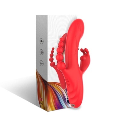Vibrador vermelho de silicone com múltiplos estimuladores e embalagem colorida