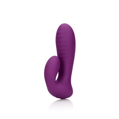 Vibrador roxo com textura ondulada e design anatómico