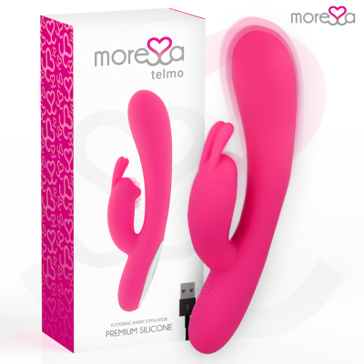 Vibrador rosa em silicone com design de coelho junto à embalagem da marca Moresa