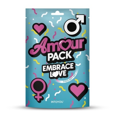 Embalagem azul com o texto Amour Pack Embrace Love e símbolos de género.