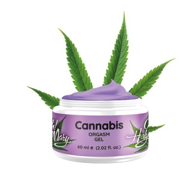 Frasco de gel lilás Cannabis Orgasm Gel de 60 ml com folhas verdes de cânabis ao fundo