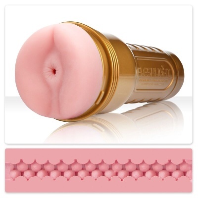 Masturbador masculino Fleshlight dourado com extremo em silicone rosa e textura interna com esferas