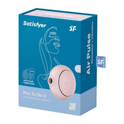 Caixa azul e rosa com estimulador rosa Air Pulse Pro To Go 3 da Satisfyer