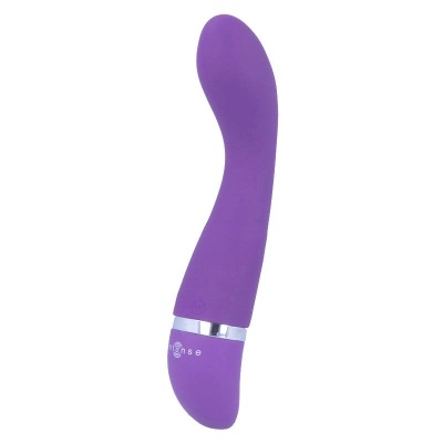 Vibrador roxo em silicone com design curvado e detalhes em metal prateado