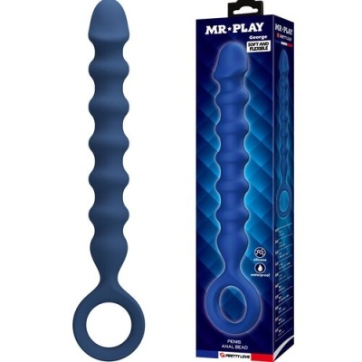 Produto azul em silicone ondulado com anel circular e embalagem MR PLAY.