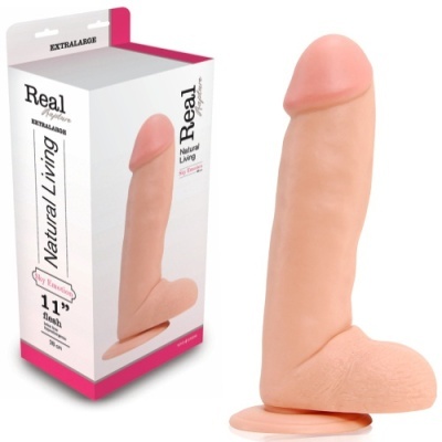 Dildo realistico cor de pele com base de sucção ao lado da respectiva embalagem