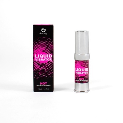 Produto líquido com embalagem preta e rosa chamado LIQUID VIBRATOR HOT UNISEX PLEASURE ENHANCER.