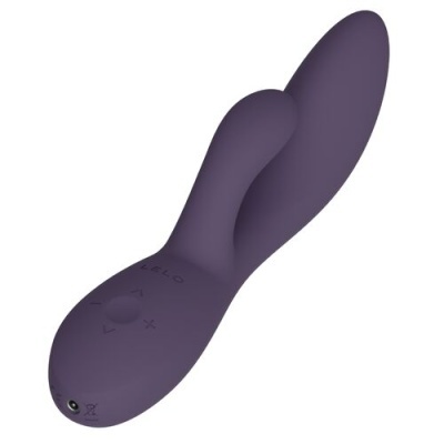 Vibrador roxo com dois tentáculos e botões de controlo em silicone