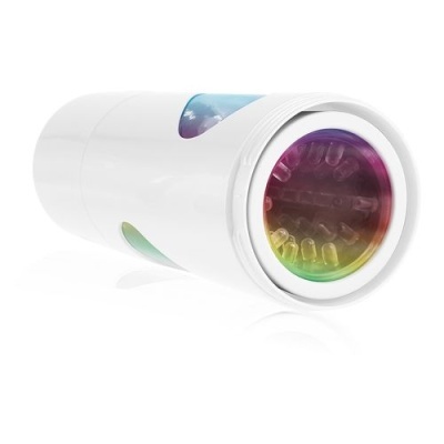 Copo de plástico branco com detalhes coloridos e textura dianteira em relevo