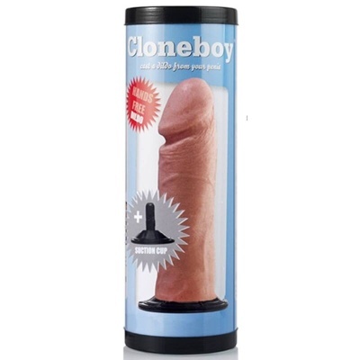 Embalagem cilíndrica azul com dildo realista cor pele dentro