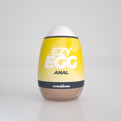 Embalagem amarela e castanha em forma de ovo com tampa branca e texto EZY EGG ANAL