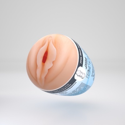 Produto em silicone cor de pele com embalagem azul e texto.