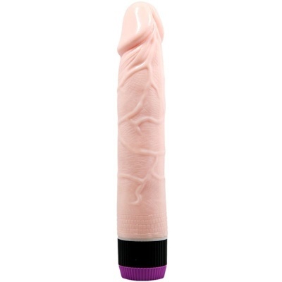 Vibrador realista cor pele com textura veias e base preta com botão roxo